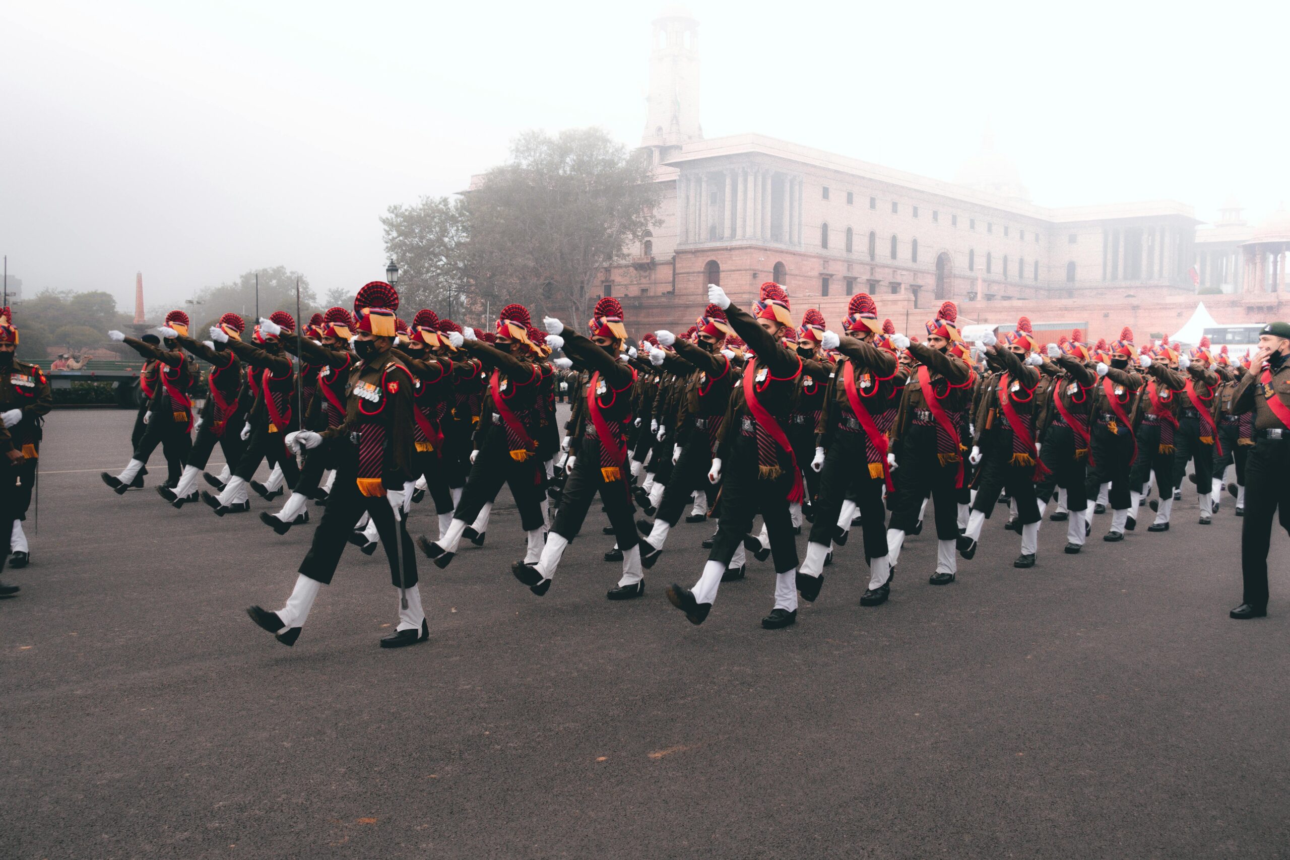 Indian soldiers in ceremonial uniform march during a Republic Day parade.